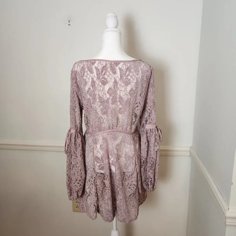Free People Dress XS Womens Mini Crochet Lace Sheer Mauve Purple Boho Coquette